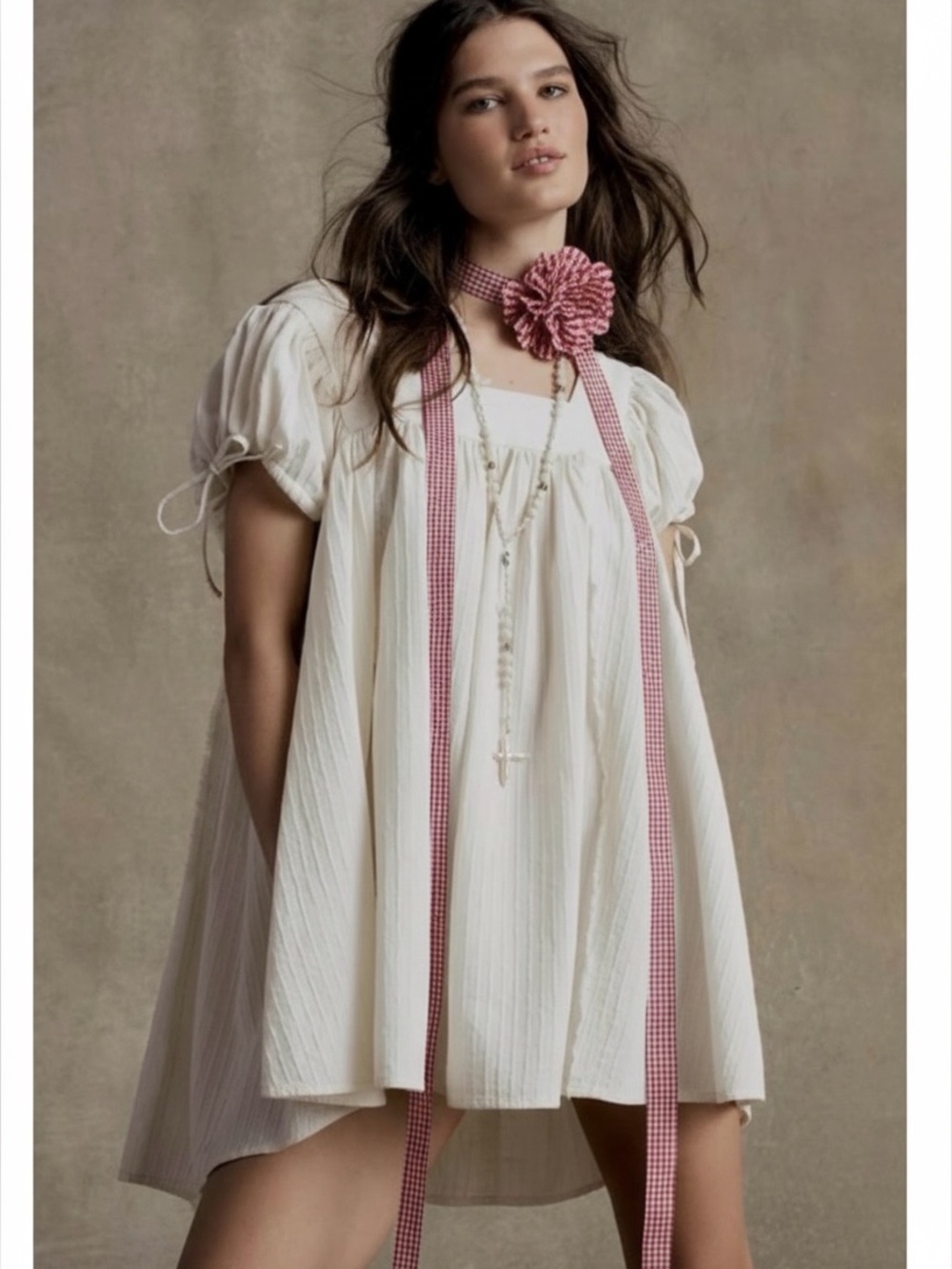 Free People Spring Summer Picnic Flower Necklace in Red Gingham Country Dainty